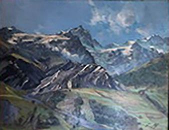 A textured landscape painting of rugged mountains under a cloudy sky.