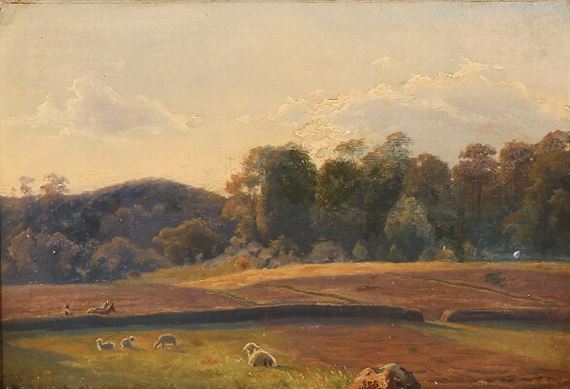 Landscape with Sheep and a Farmer Who is Ploughing the Fields by Frederik Carl Julius Kraft, 1845
