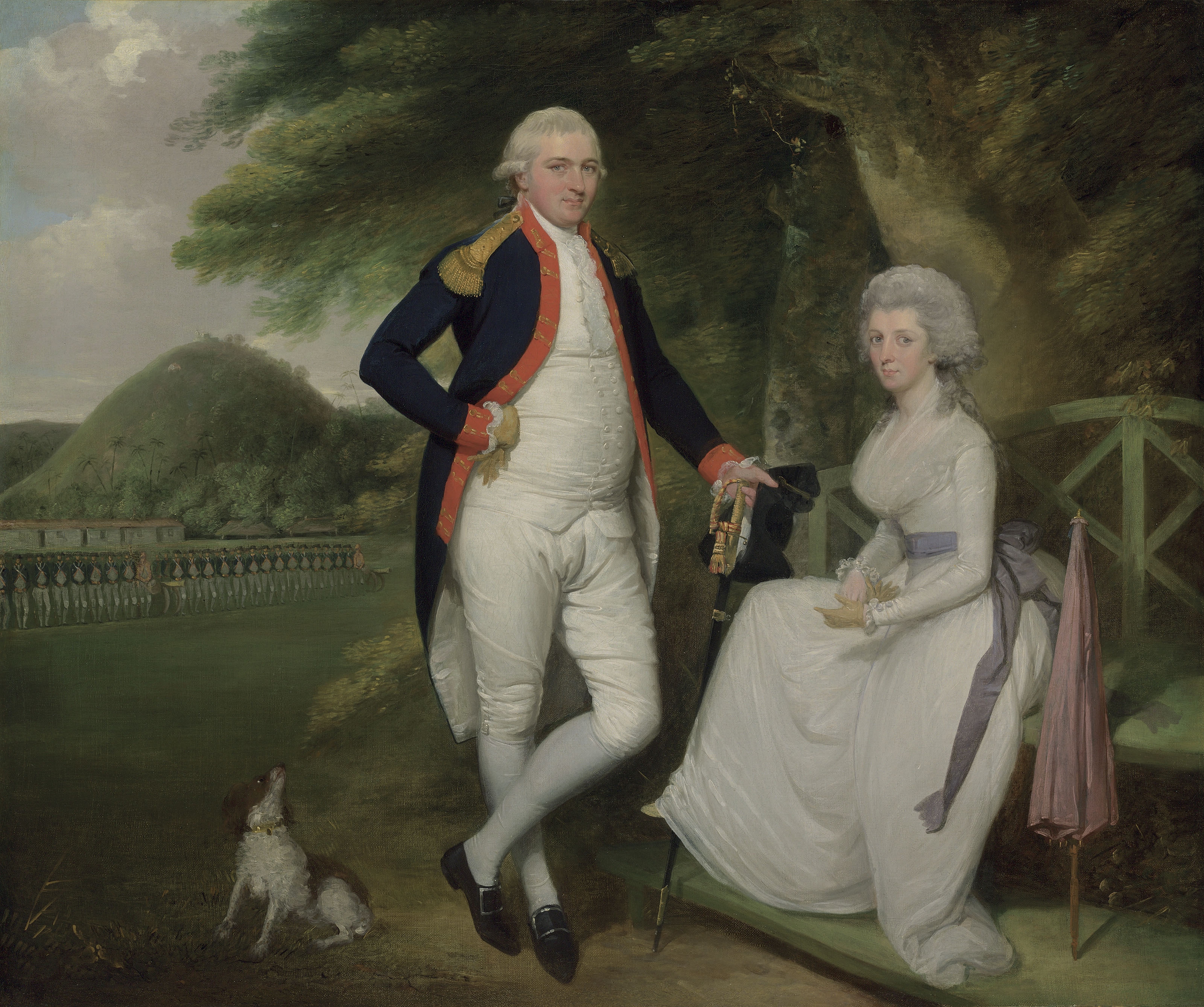 Artwork by Robert Home, Portrait of Lieutenant-Colonel William Sydenham (1752-1801), in officer’s uniform, and his wife Amelia, in a landscape with units of the Madras artillery drawn up on parade, St. Thomas’ Mount, Madras beyond, Made of oil on canvas