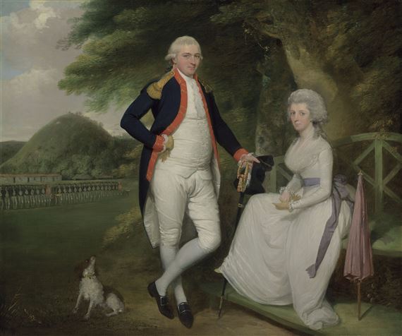 Portrait of Lieutenant-Colonel William Sydenham (1752-1801), in officer’s uniform, and his wife Amelia, in a landscape with units of the Madras artillery drawn up on parade, St. Thomas’ Mount, Madras beyond by Robert Home