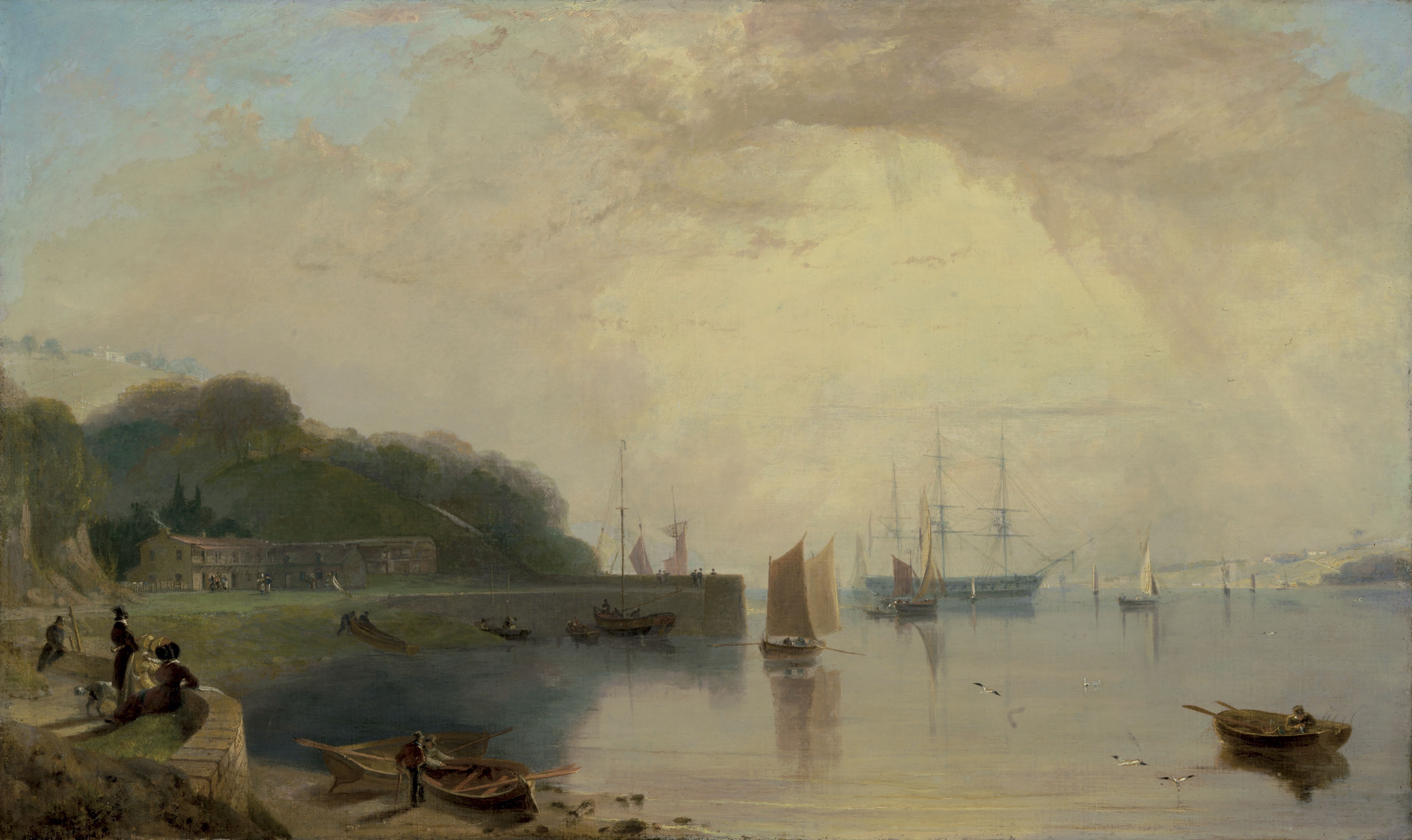 Artwork by William Daniell, An estuary in Devon, possibly Torquay, with figures and small boats in the foreground and a man-of-war at anchor in the background, Made of oil on canvas