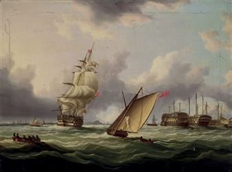 A 74 and other shipping vessels in a stiff breeze, passing prison hulks - Thomas Buttersworth, Jr