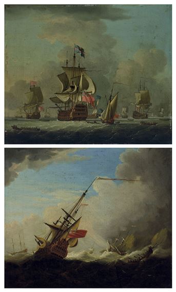 The arrival of the fleet; and Warships caught in a gale by Francis Swaine