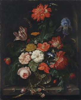 A fringed red poppy, a tulip, an iris, roses, poppies and other flowers with insects in a glass vase on a stone ledge - Abraham Mignon