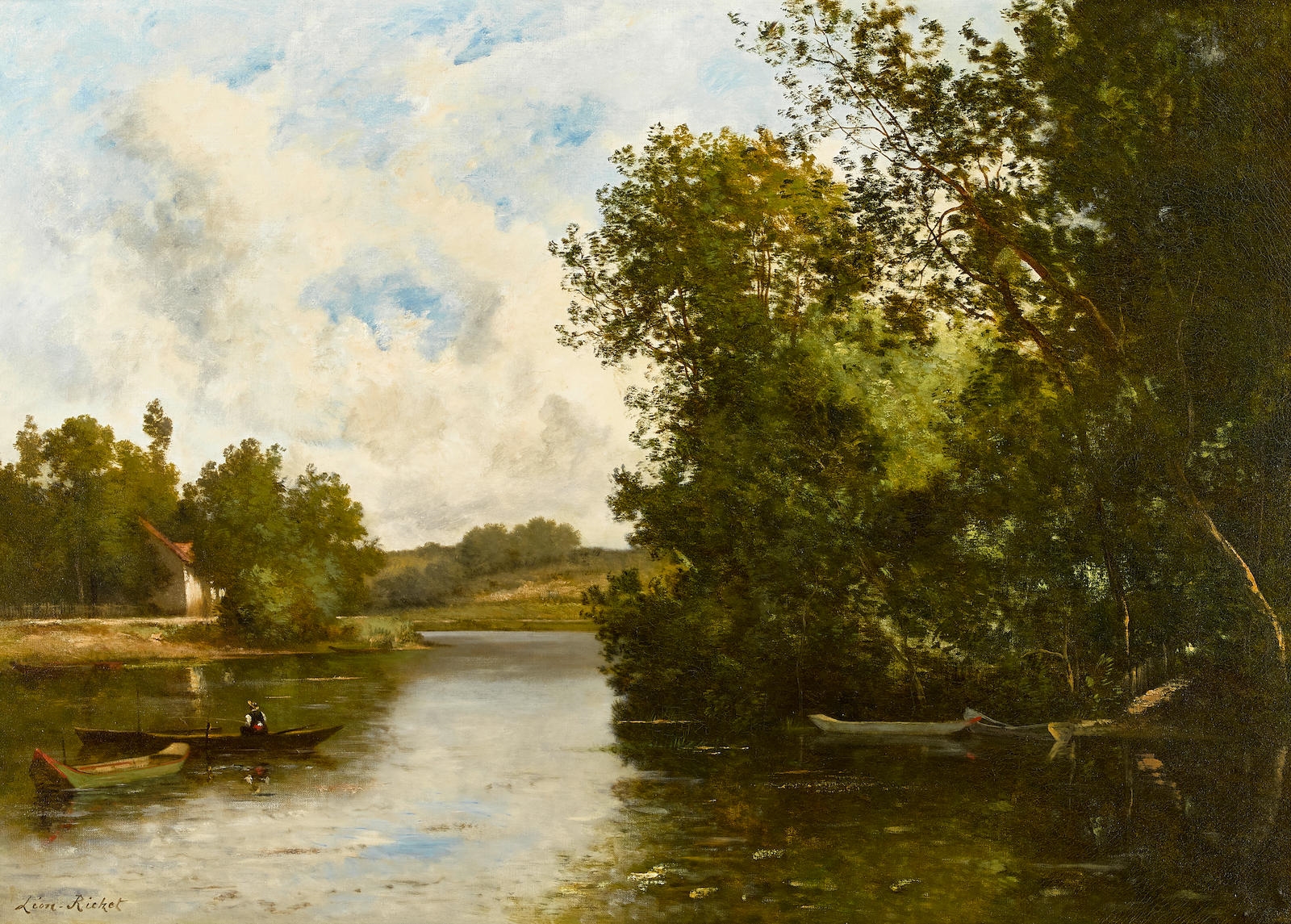 Léon Richet | A fisherman in a boat on a tranquil river | MutualArt
