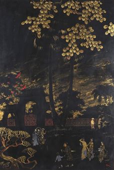A vertical composition of figures in a dark, gold-leafed landscape.