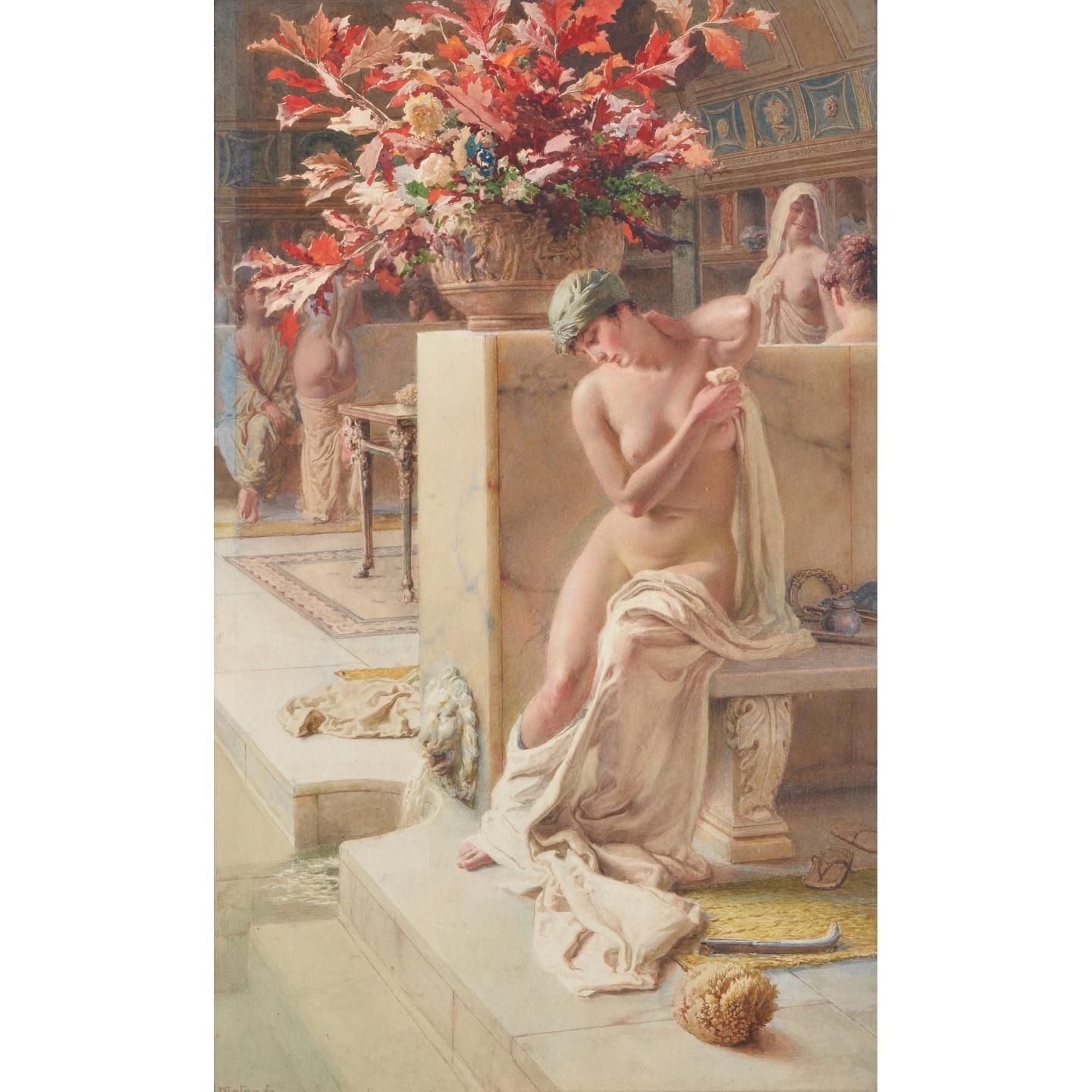 Artwork by Fortunino Matania, At the baths, Made of Watercolour and pencil