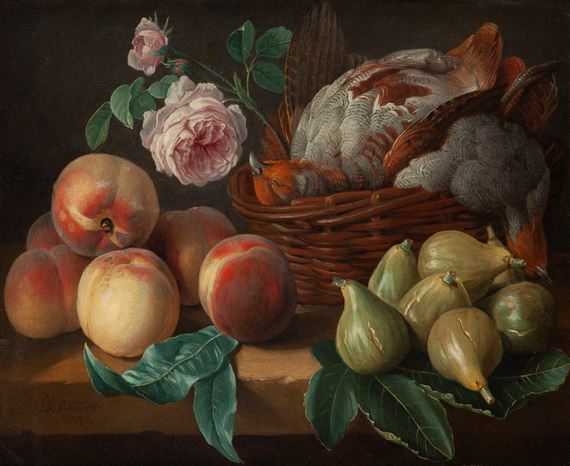 Perdrix, fruits et roses sur un entablement by Alexandre-François Desportes