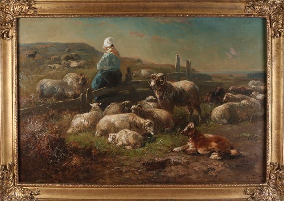 Landschap met schapen, ram en herderin by Henry Schouten