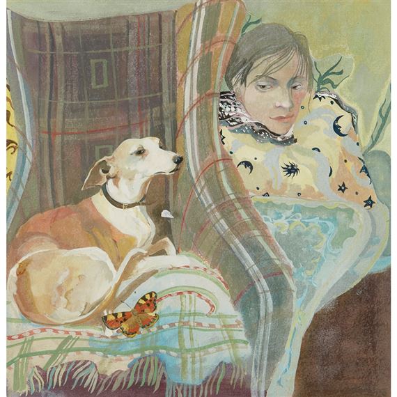 GIRL AND GREYHOUND ON ARMCHAIR