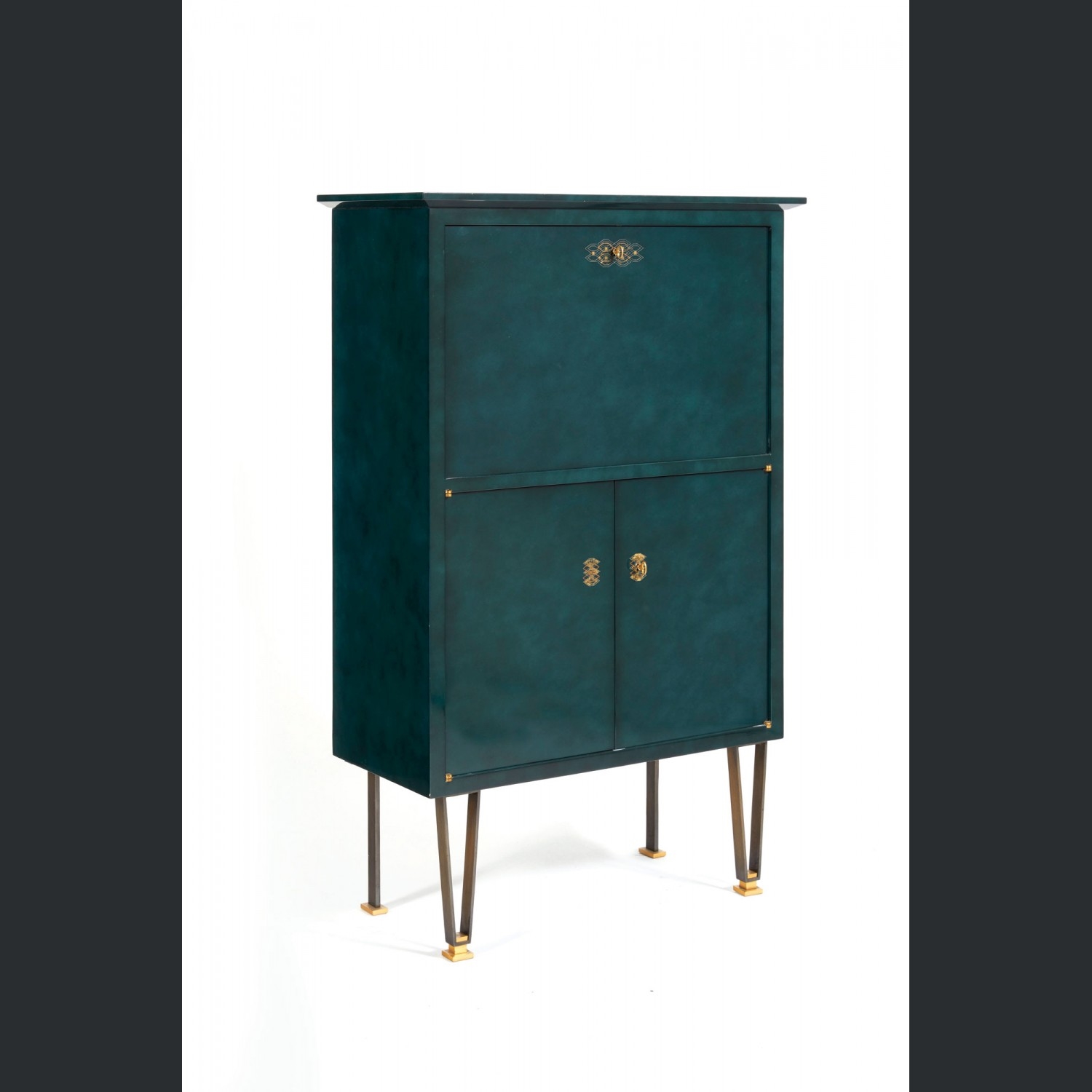 Artwork by Maison Leleu, Meuble bar, Made of lacquered bottle green lacquer and decor engraved with gold lock entries