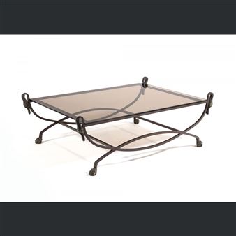 Rectangular wrought iron coffee table decorated with swan heads and claw feet, smoked glass top - Henri Garelli