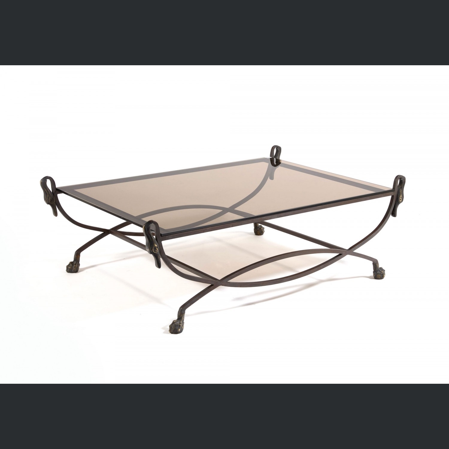 Artwork by Henri Garelli, Rectangular wrought iron coffee table decorated with swan heads and claw feet, smoked glass top, Made of Rectangular wrought iron coffee table decorated with swan heads and claw feet, smoked glass top