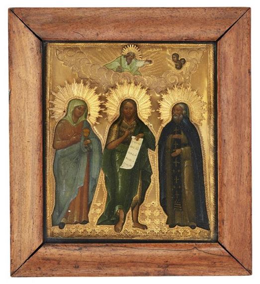 3 Works: Icon of Christ, Mary and St James with God and the Heavenly Host Above by Russian School, 19th Century, 19th century