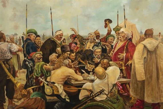 Oil painting Repin Zaporozhye Cossacks Reply Ottoman Sultan Mehmed IV letter 