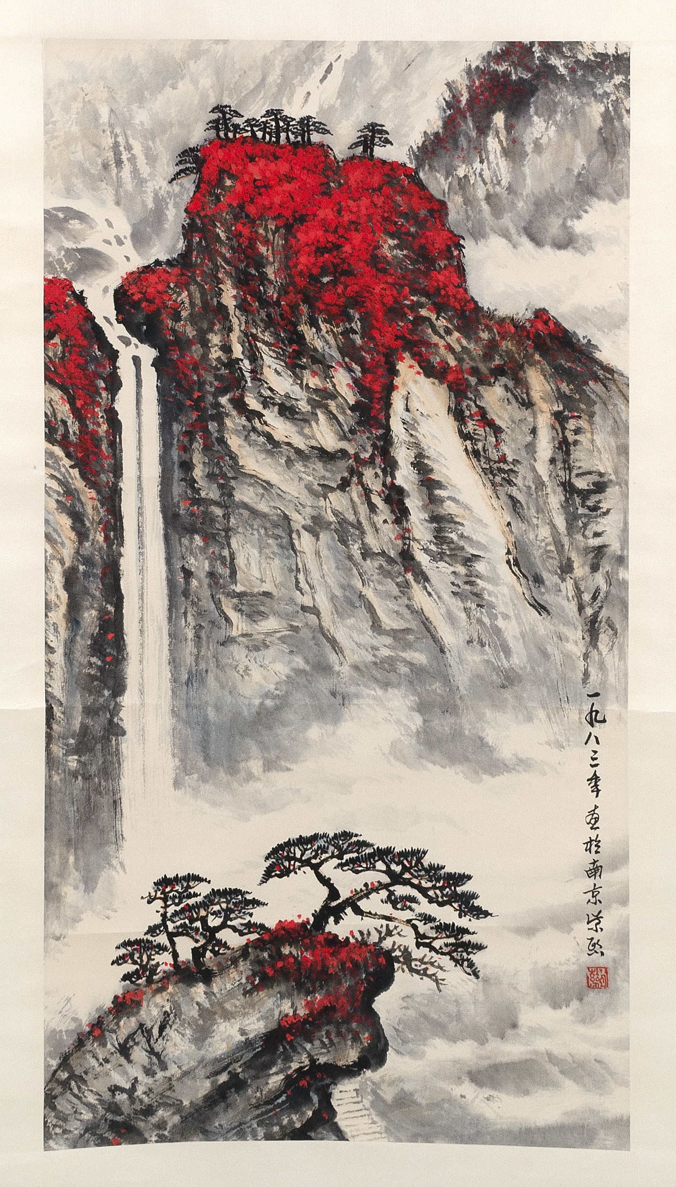 Artwork by Chen Hsuyen, Depicting a red mountain and waterfall, Made of PAINTING ON PAPER