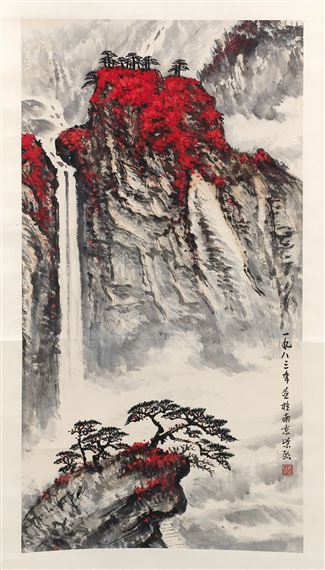 Depicting a red mountain and waterfall - Chen Hsuyen