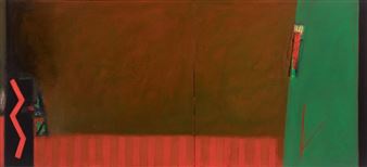 A minimalist abstract composition featuring bold geometric shapes and a striking color palette of red, green, and brown.
