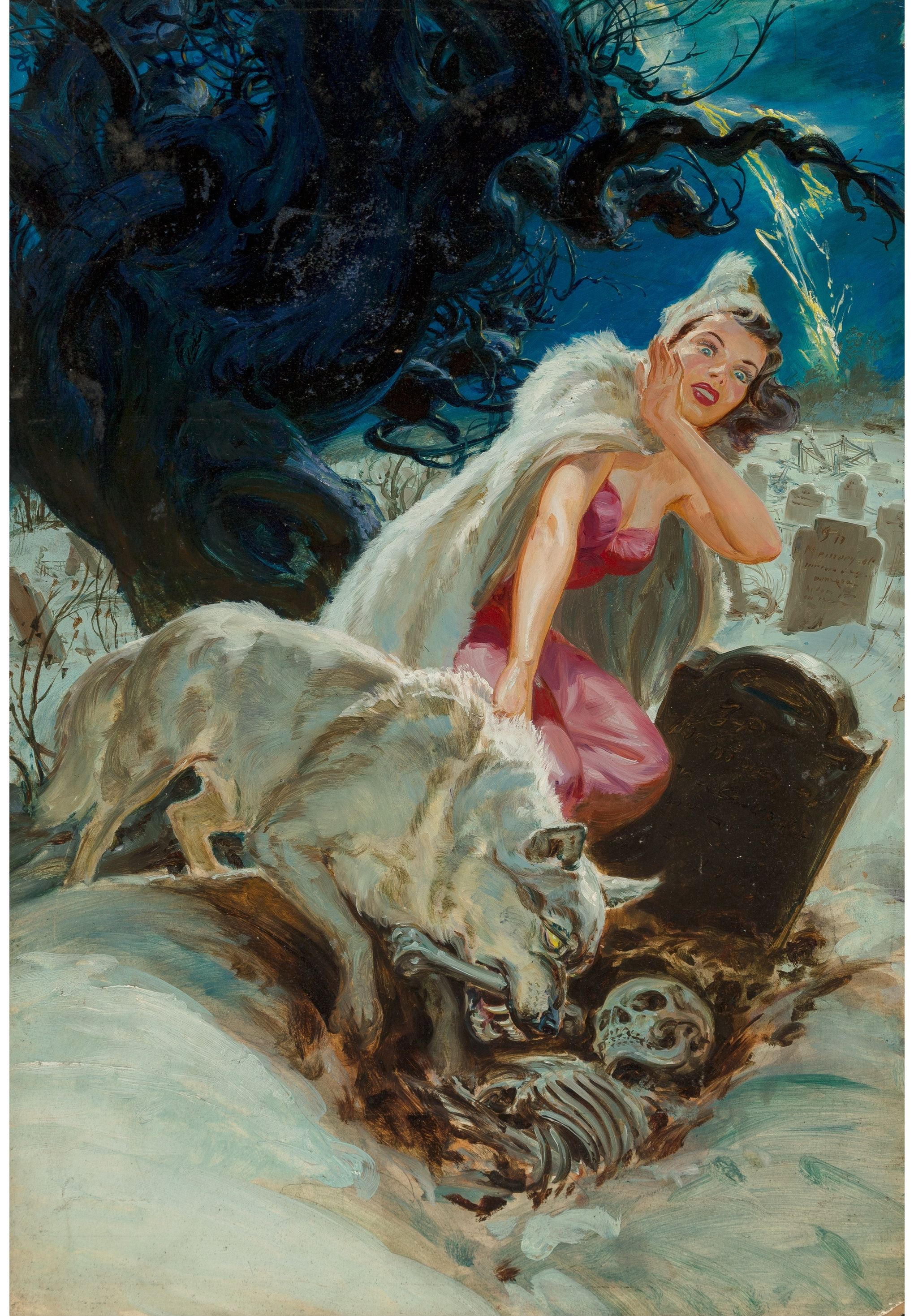 Artwork by Norman Saunders, The White Wolf, Famous Mantastic Mysteries magazine cover, August 1952, Made of Oil on board