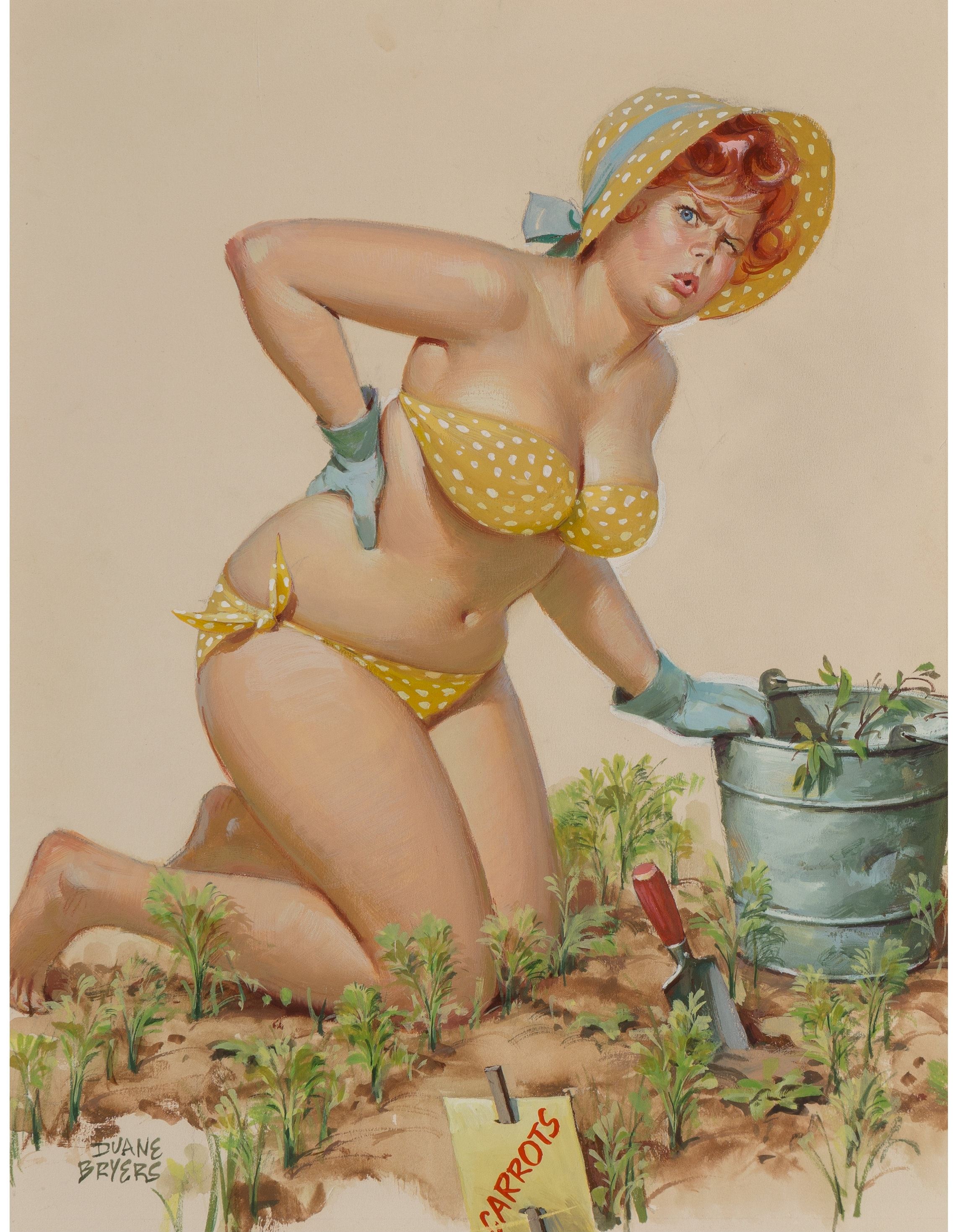 Hilda Weeding the Garden, hardware calendar illustration by Duane Bryers