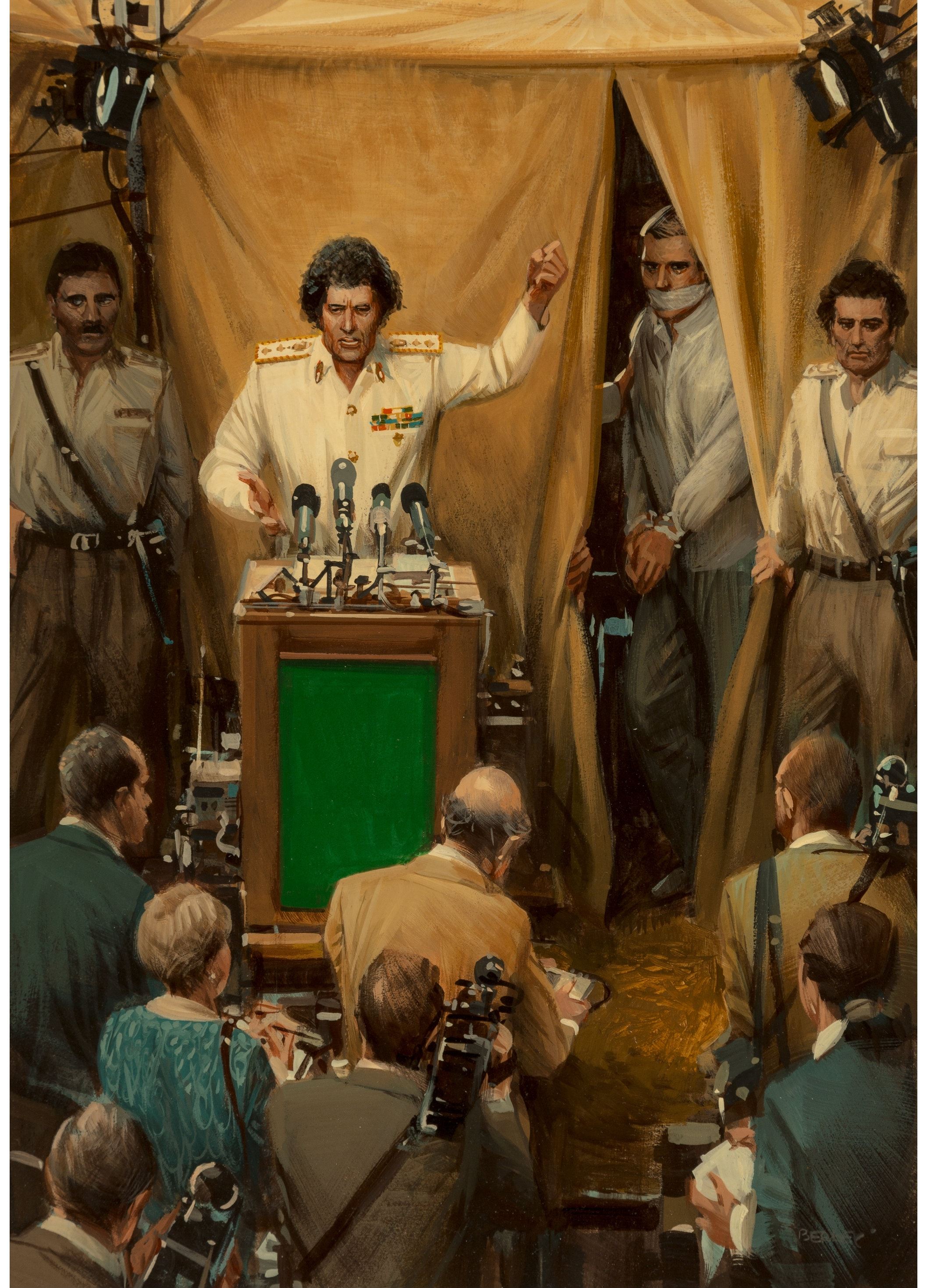 Artwork by John Conrad Berkey, Qaddafi is Dead, Reader's Digest interior illustration, 1990, Made of Acrylic on board
