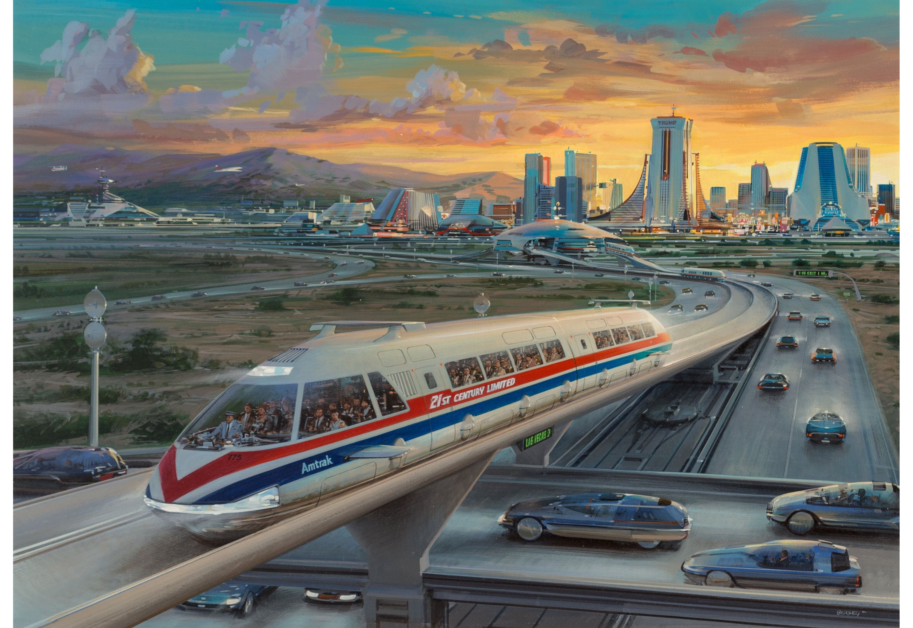 Artwork by John Conrad Berkey, Futurerail, Popular Mechanics poster and interior illustration, June 1988, Made of Acrylic and casein on board