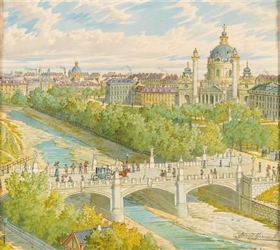 Artwork by Franz Gerasch, A view over Vienna river and St. Charles’s cathedral, Made of watercolour on paper