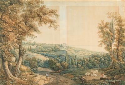 An arcadian landscape with shepherds and the view of a villa, greenhouses and the sea by German School, 18th Century
