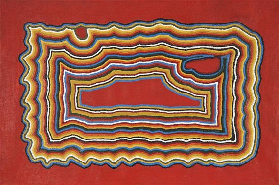 A vibrant abstract composition of concentric wavy bands in warm tones against a solid red background.