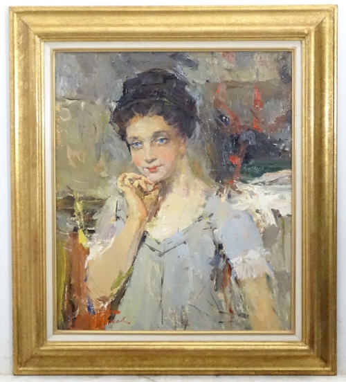 Artwork by Nikolai Nikolaevich Baskakov, Elegant in grey - Portrait of a lady, Made of Oil on board