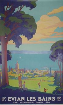 A vintage-style travel poster featuring a serene coastal town scene with figures enjoying a sunny day.