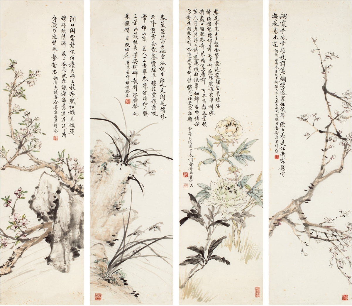 Artwork by Jin Shouquan, Four Works: FLOWERS, Made of Ink and color on paper