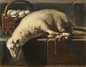 A ligated lamb besides a basket of eggs - Giovanni Battista Recco