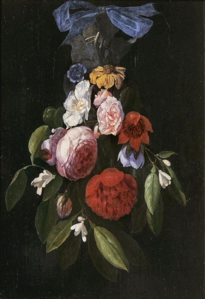 Artwork by Hendrik de Fromantiou, Flowers hanging from a blue Ribbon, Made of Oil/wood/wood