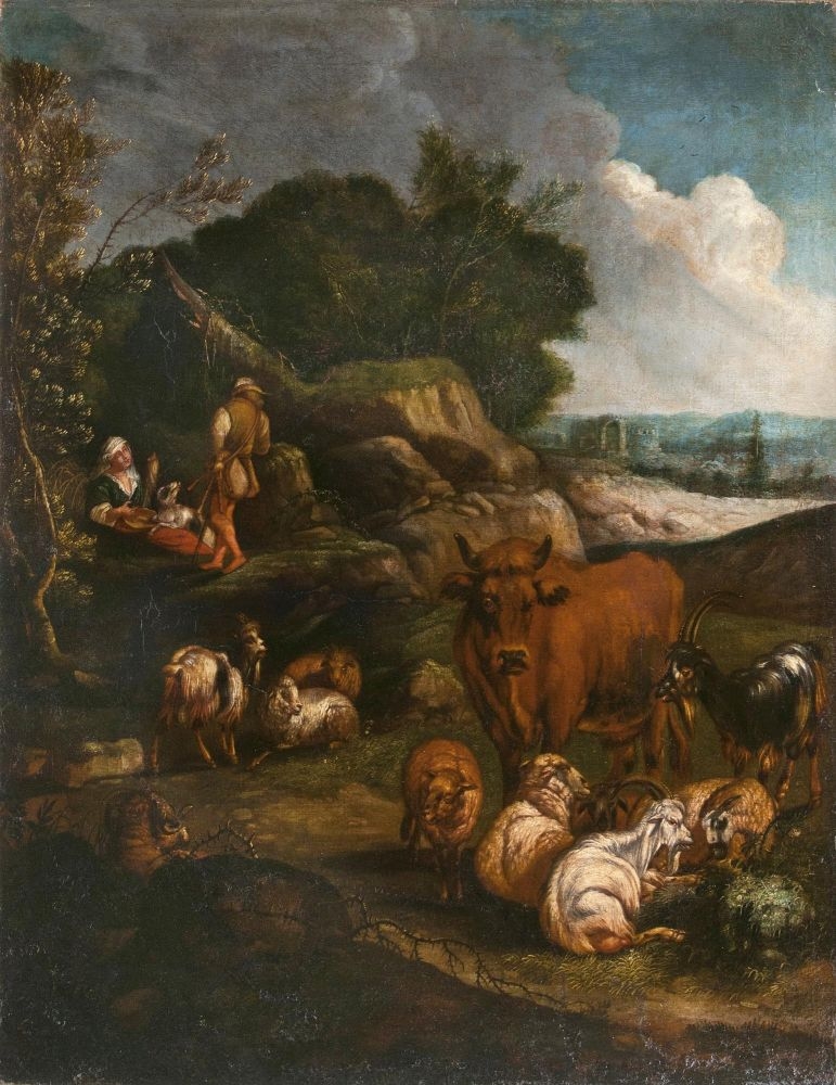 Artwork by Johan Heinrich Roos, Herdsmen with their flock, Made of Oil on canvas