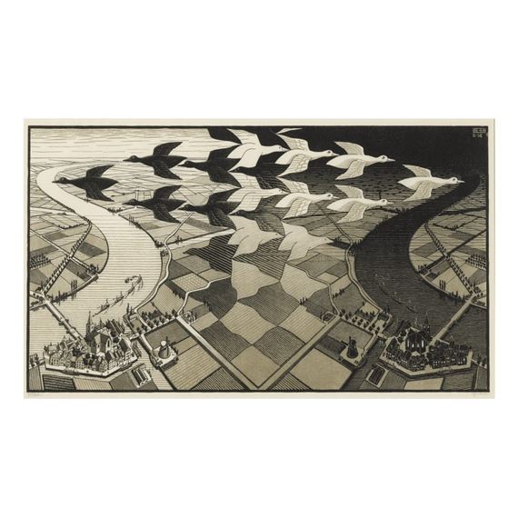 DAY AND NIGHT (B./K./L./W. 303) by Maurits Cornelis Escher, 1938