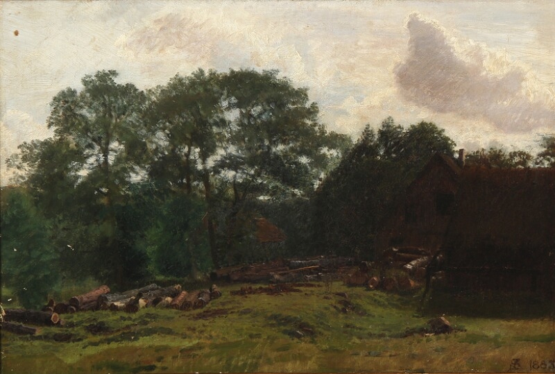 View from Halland with an old watermill on the outskirts of a forest by Niels Skovgaard, dated 1883