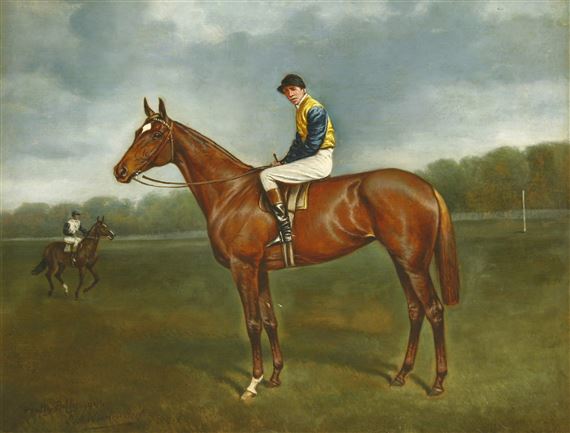 A classical oil painting of a jockey on a brown horse in a grassy field.
