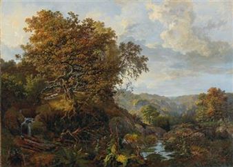 A landscape with a waterfall and hounds - Vladimir Shervud