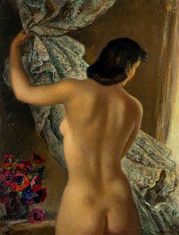 A nude figure viewed from behind, reaching for a curtain in a softly lit interior.