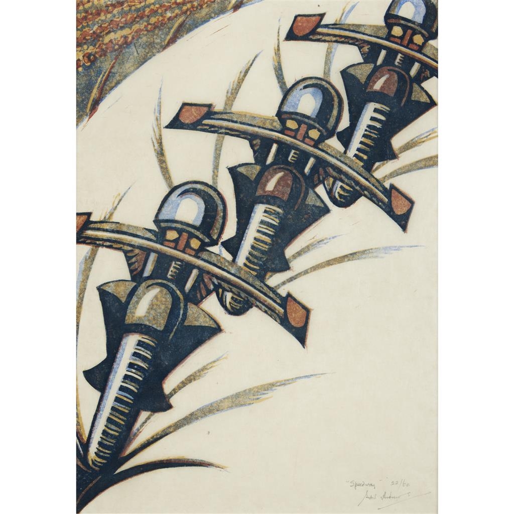 Artwork by Sybil Andrews, "SPEEDWAY", Made of Color linocut on tissue-thin laid Japan