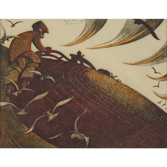 "PLOUGHING PASTURE" by Sybil Andrews, 1955