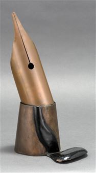 Sheet bronze and enamel sculpture of a fountain pen nib and a pool of ink - Homer Gunn