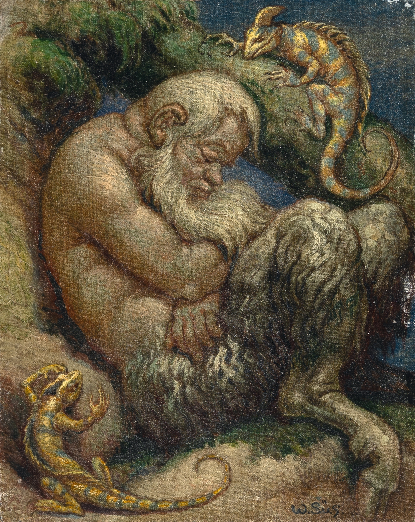 Artwork by Wilhelm Süs, Sleeping Faun, Made of Oil on canvas, mounted on cardboard