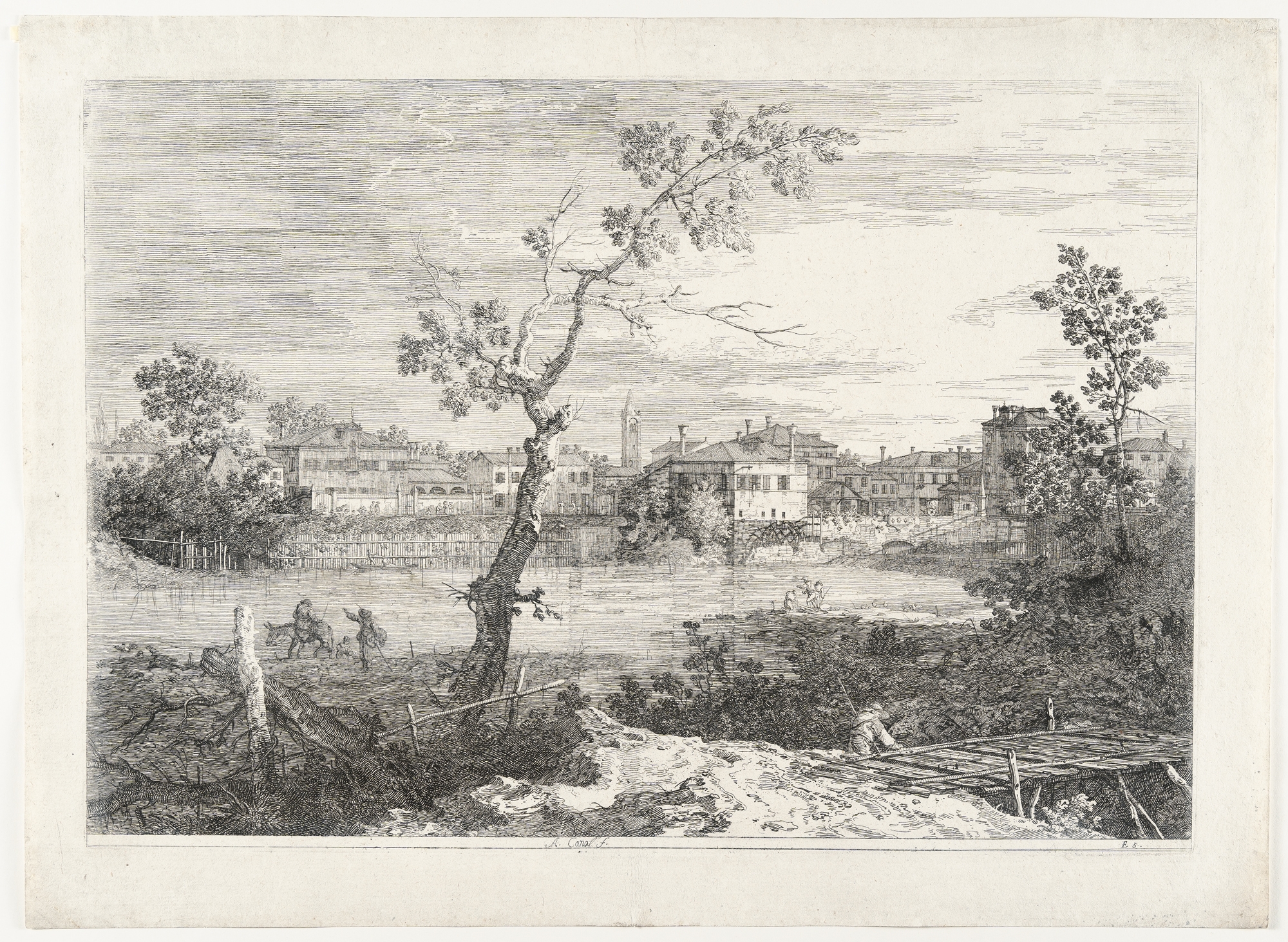 Artwork by Canaletto, View of a town on a river bank, Made of Etching on laid paper