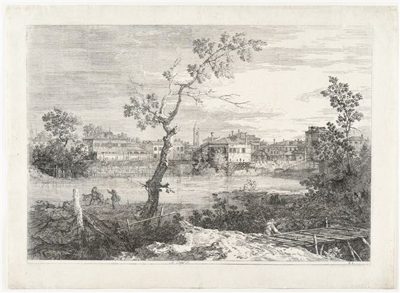 View of a town on a river bank by Canaletto, ca 1740