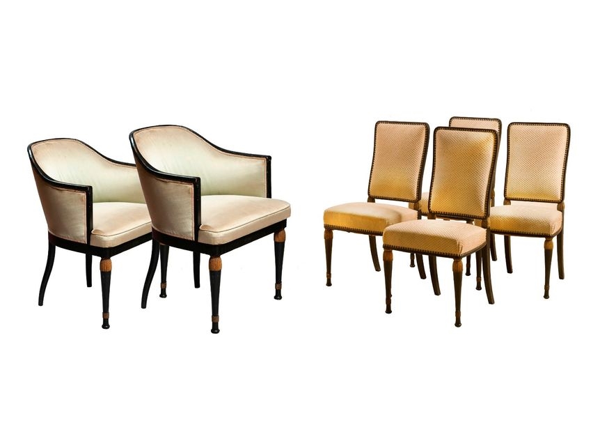 Artwork by Jeanne Lanvin, Armand-Albert Rateau, LANVIN DECORATION, Made of Set of four chairs and two armchairs model blackened wood with straight back slightly curved ornamented trimmings in the lower part carved gilded wood. Armchair with wrap-around backrest and solid armrests recessed. Corner leg base with ba-luster head carved gilded trimmings at the top and a rope surrounding the bottom of the leg ended by a half-sphere, rear legs sabers. Seat and seat back covered with a gray-diamond-coated silk fabric