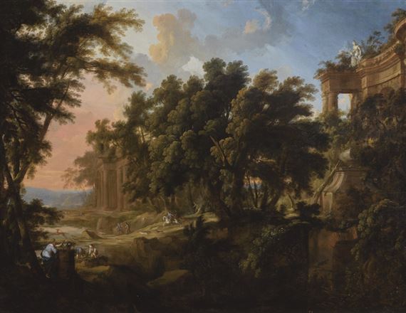An Italianate wooded landscape with ruins and a stag hunt beyond by Pierre Antoine Patel, 1697