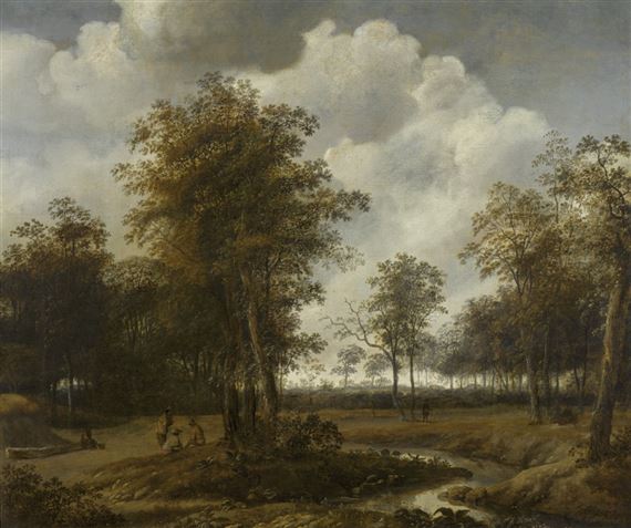 A wooded river landscape with figures resting at the side of a path by Johan Lagoor