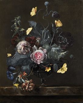 Still life with flowers in a glass vase, on a marble ledge, with butterflies and moths - Otto Marseus van Schrieck